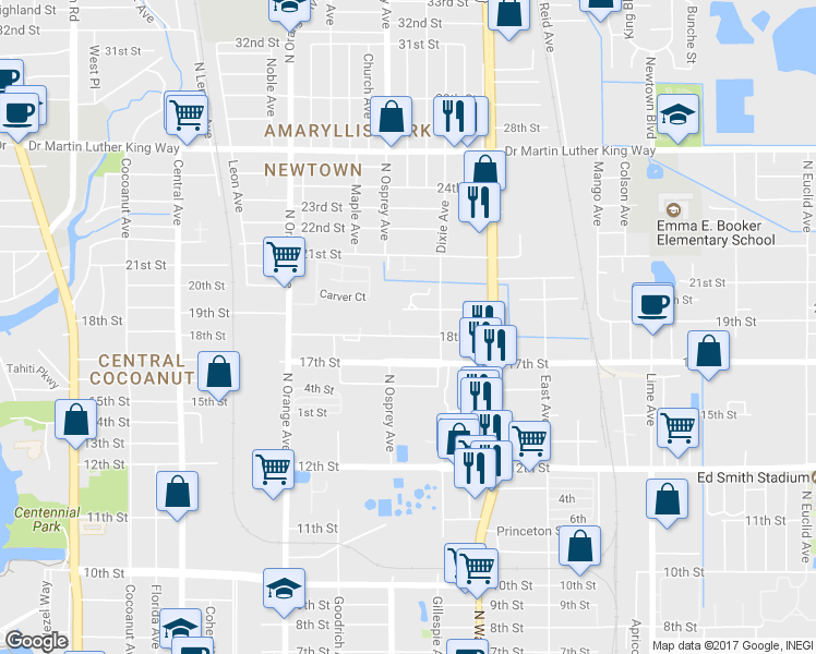 map of restaurants, bars, coffee shops, grocery stores, and more near 1809 18th Street in Sarasota