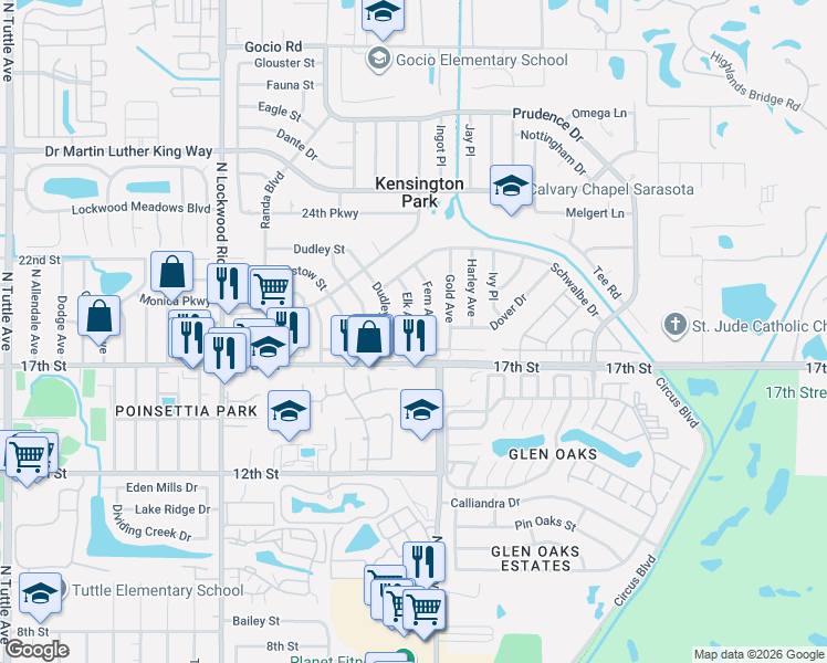 map of restaurants, bars, coffee shops, grocery stores, and more near 1911 Elk Avenue in Sarasota