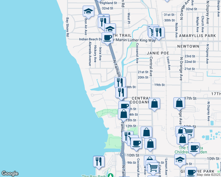 map of restaurants, bars, coffee shops, grocery stores, and more near 1889 North Tamiami Trail in Sarasota
