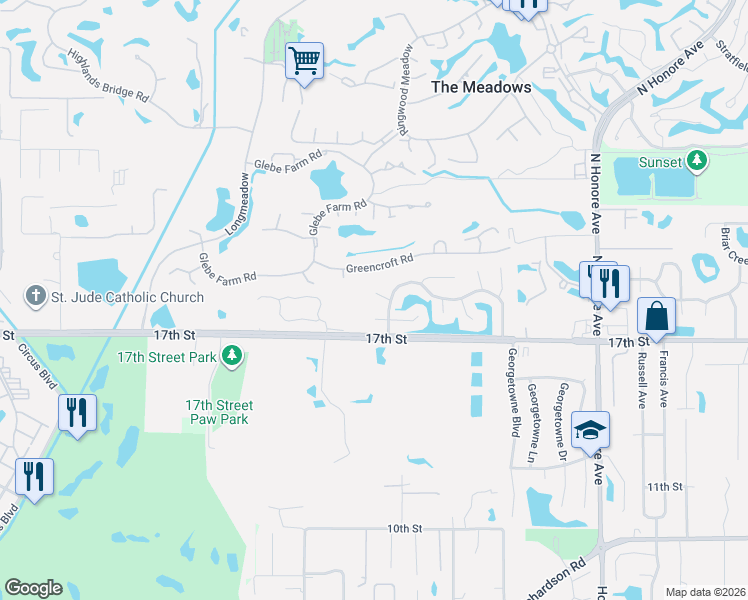 map of restaurants, bars, coffee shops, grocery stores, and more near 1963 Country Meadows Way in Sarasota
