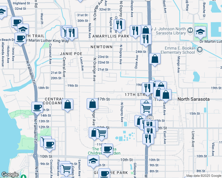 map of restaurants, bars, coffee shops, grocery stores, and more near 1755 18th Street in Sarasota