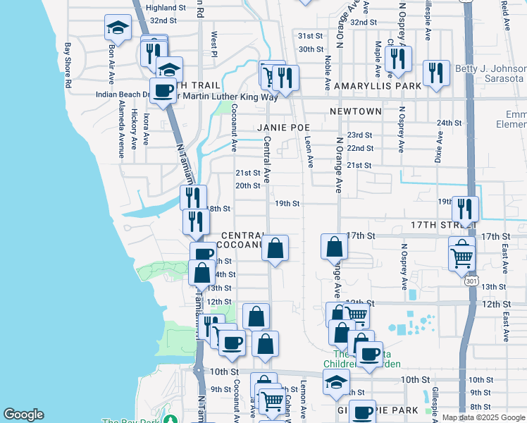map of restaurants, bars, coffee shops, grocery stores, and more near 1376 19th Street in Sarasota