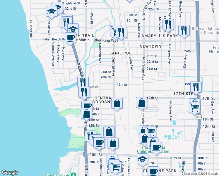 map of restaurants, bars, coffee shops, grocery stores, and more near 1376 19th Street in Sarasota