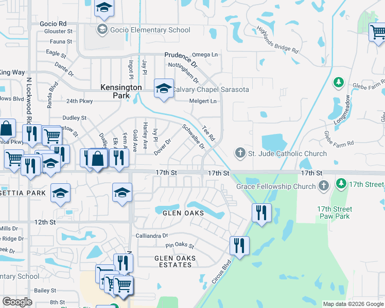 map of restaurants, bars, coffee shops, grocery stores, and more near 4006 Schwalbe Drive in Sarasota