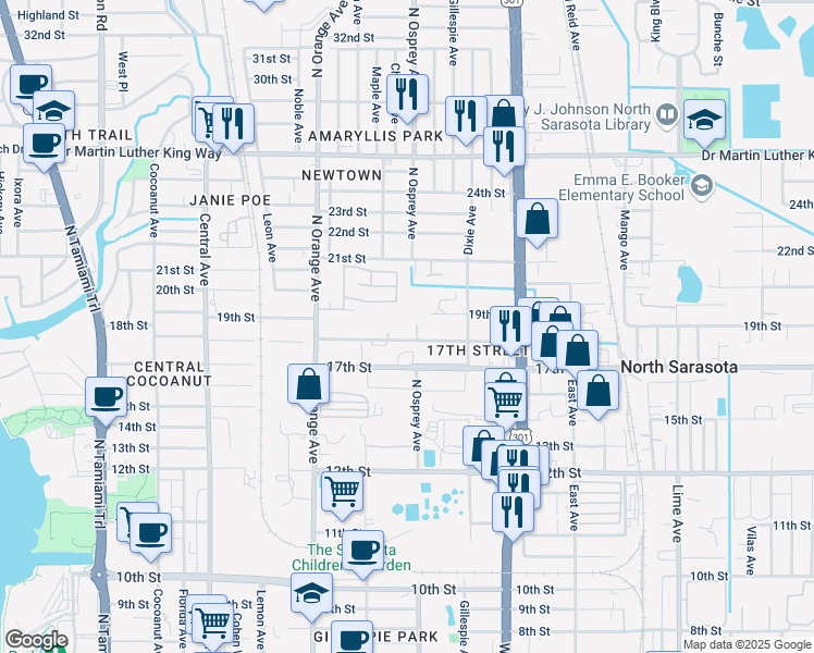 map of restaurants, bars, coffee shops, grocery stores, and more near 1809 18th Street in Sarasota