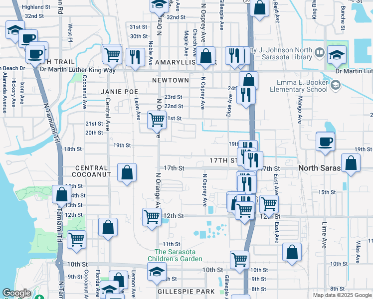 map of restaurants, bars, coffee shops, grocery stores, and more near 1755 18th Street in Sarasota