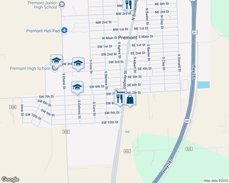 map of restaurants, bars, coffee shops, grocery stores, and more near 222 Southwest 7th Street in Premont