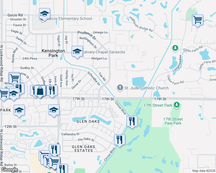 map of restaurants, bars, coffee shops, grocery stores, and more near 4229 Tee Road in Sarasota