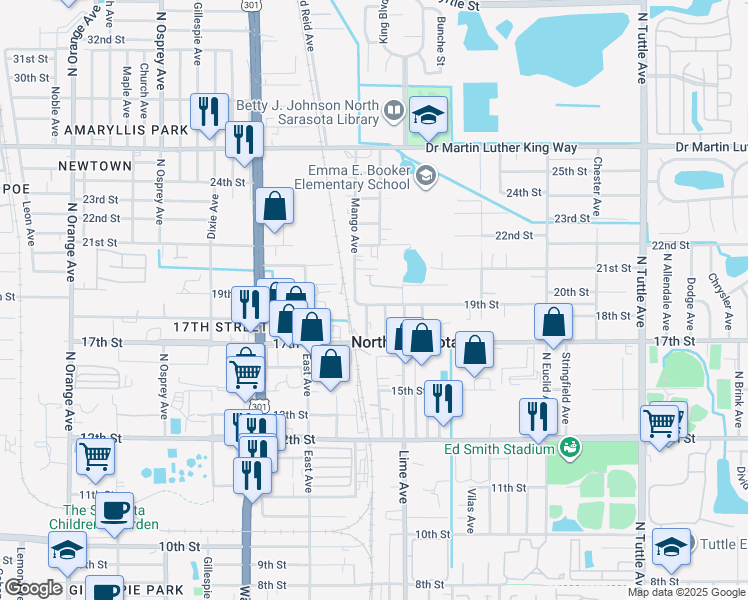 map of restaurants, bars, coffee shops, grocery stores, and more near 2239 19th Street in Sarasota