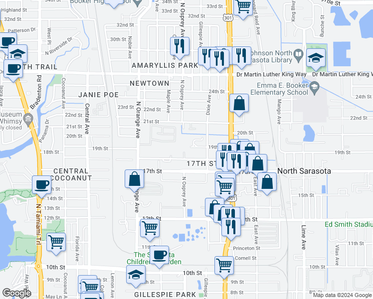 map of restaurants, bars, coffee shops, grocery stores, and more near 1809 18th Street in Sarasota
