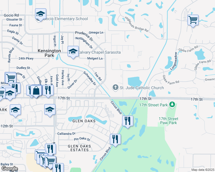 map of restaurants, bars, coffee shops, grocery stores, and more near 4229 Tee Road in Sarasota