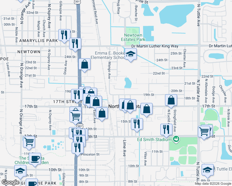 map of restaurants, bars, coffee shops, grocery stores, and more near 2239 19th Street in Sarasota