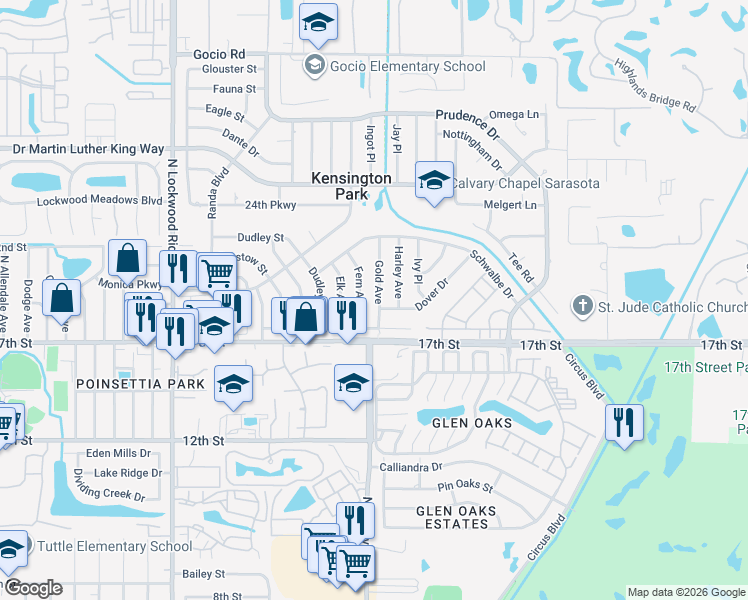 map of restaurants, bars, coffee shops, grocery stores, and more near 1913 Gold Avenue in Sarasota