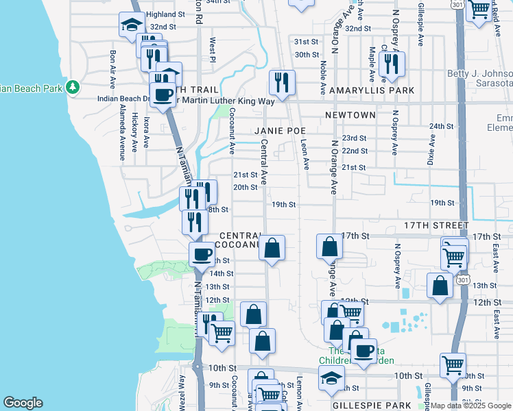 map of restaurants, bars, coffee shops, grocery stores, and more near 1376 19th Street in Sarasota
