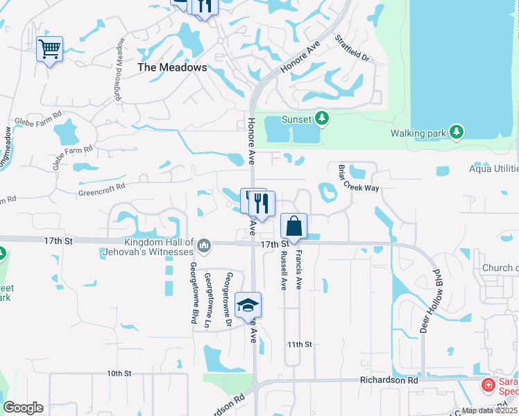 map of restaurants, bars, coffee shops, grocery stores, and more near 1955 Wood Hollow Place in Sarasota