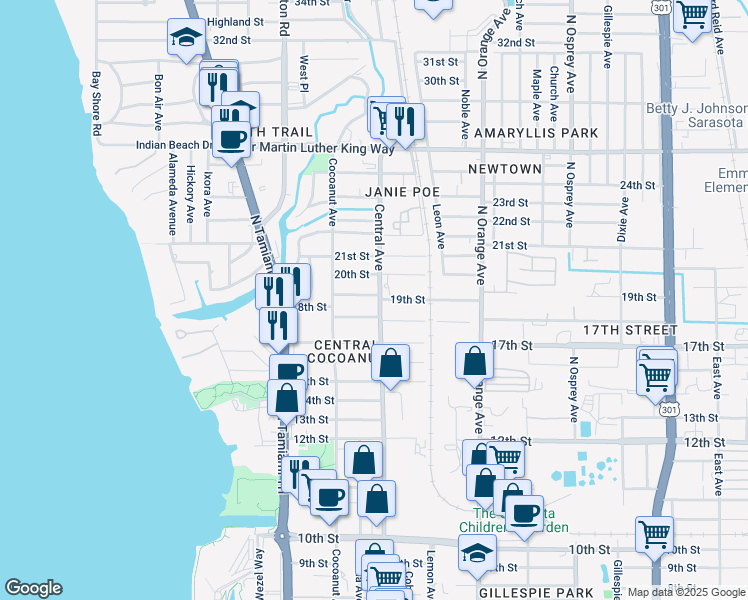 map of restaurants, bars, coffee shops, grocery stores, and more near 1376 19th Street in Sarasota