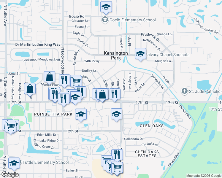 map of restaurants, bars, coffee shops, grocery stores, and more near 1911 Elk Ave in Sarasota