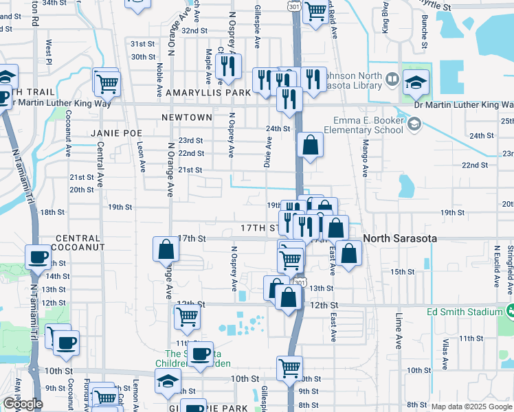map of restaurants, bars, coffee shops, grocery stores, and more near 1874 19th Street in Sarasota