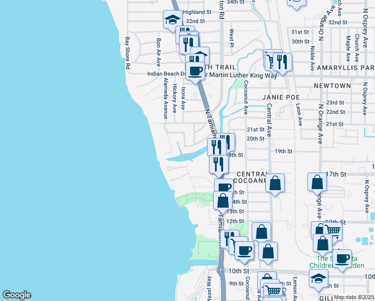 map of restaurants, bars, coffee shops, grocery stores, and more near 1040 Sylvan Drive in Sarasota