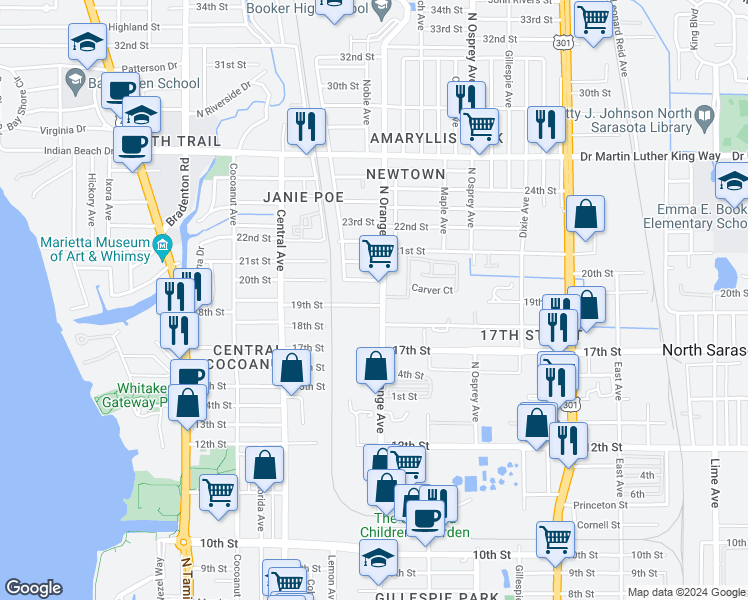 map of restaurants, bars, coffee shops, grocery stores, and more near 1581 19th Street in Sarasota