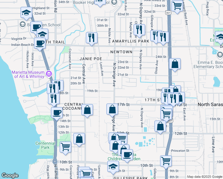 map of restaurants, bars, coffee shops, grocery stores, and more near 1581 19th Street in Sarasota