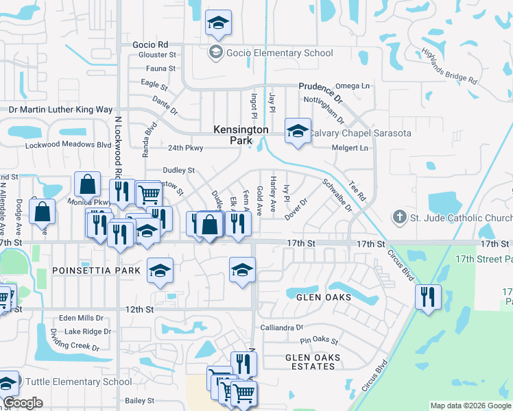 map of restaurants, bars, coffee shops, grocery stores, and more near 1913 Gold Avenue in Sarasota