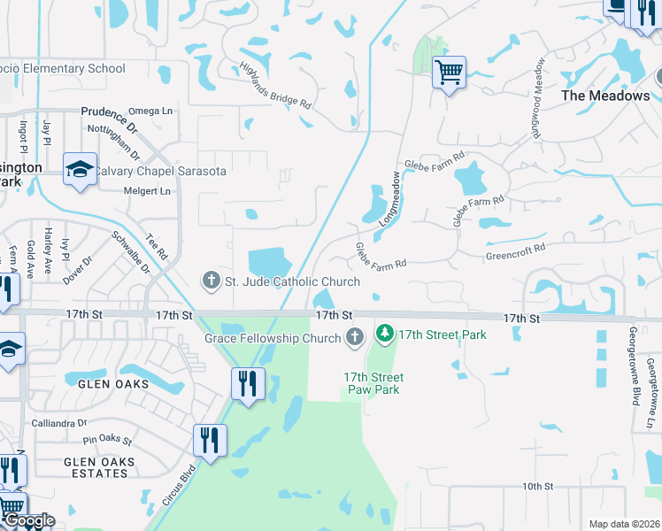 map of restaurants, bars, coffee shops, grocery stores, and more near 4343 Woodmans Chart in Sarasota