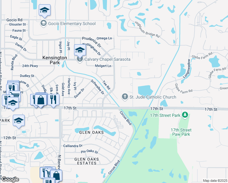 map of restaurants, bars, coffee shops, grocery stores, and more near 4229 Tee Road in Sarasota