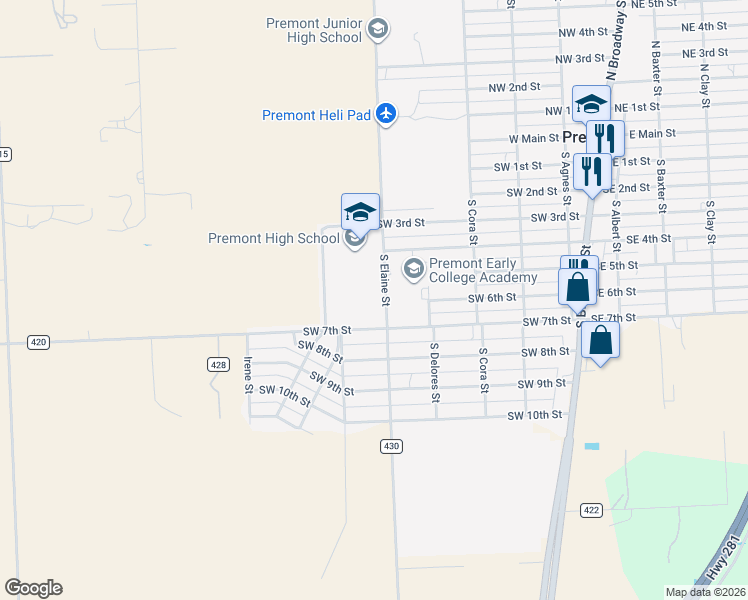 map of restaurants, bars, coffee shops, grocery stores, and more near in Premont