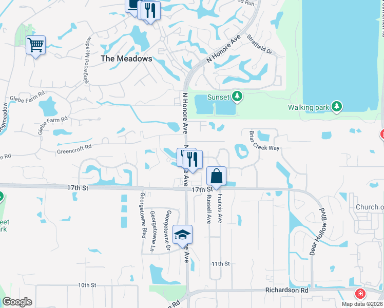 map of restaurants, bars, coffee shops, grocery stores, and more near 1955 Wood Hollow Place in Sarasota