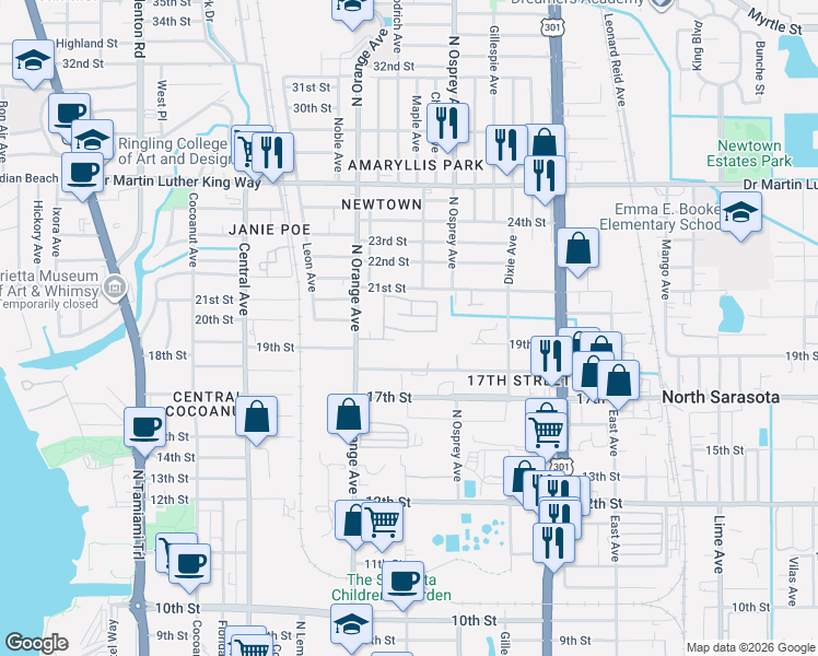map of restaurants, bars, coffee shops, grocery stores, and more near 1755 18th Street in Sarasota