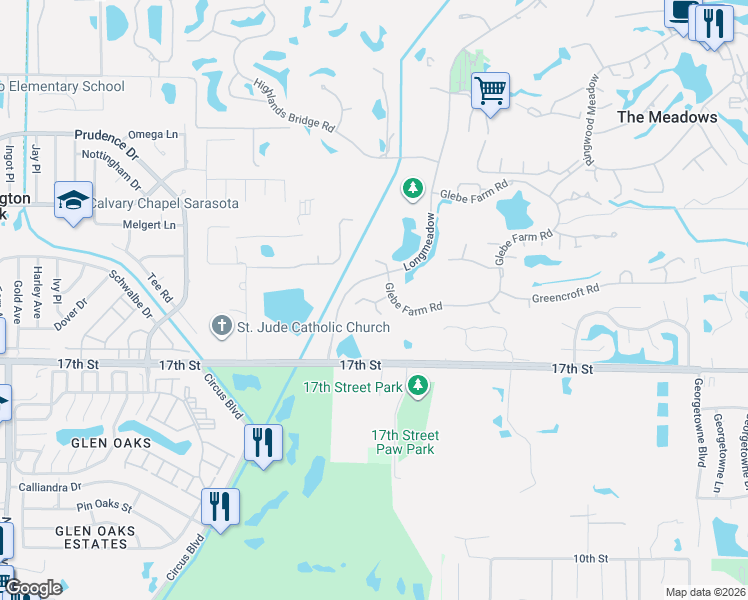 map of restaurants, bars, coffee shops, grocery stores, and more near 4343 Woodmans Chart in Sarasota