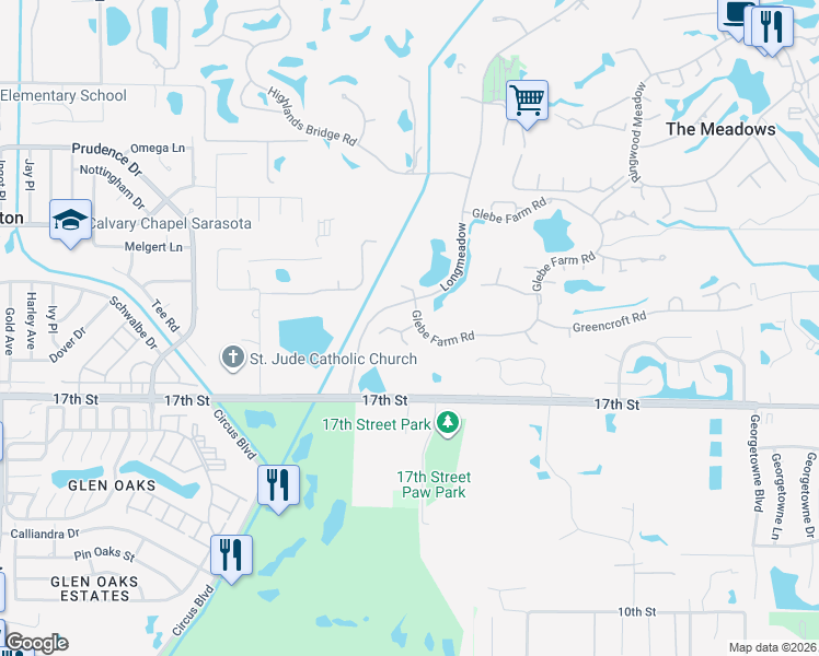 map of restaurants, bars, coffee shops, grocery stores, and more near 4405 Glebe Farm Road in Sarasota