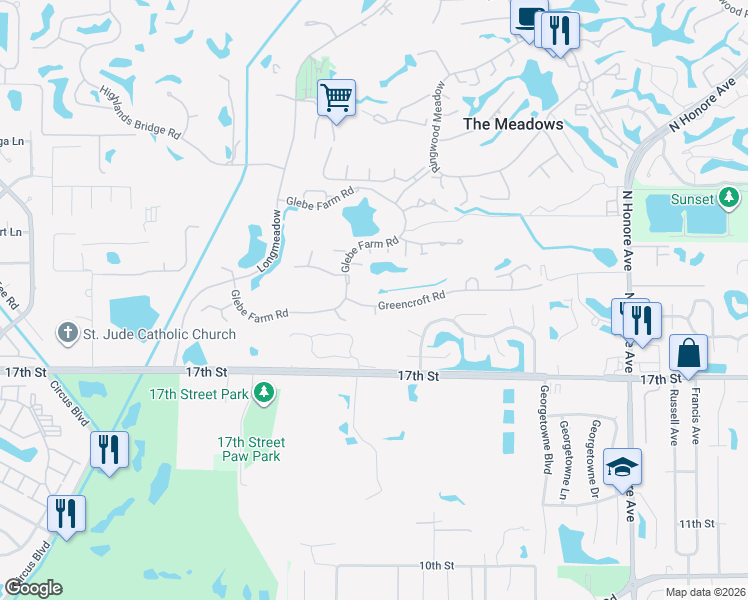map of restaurants, bars, coffee shops, grocery stores, and more near 4761 Greencroft Road in Sarasota