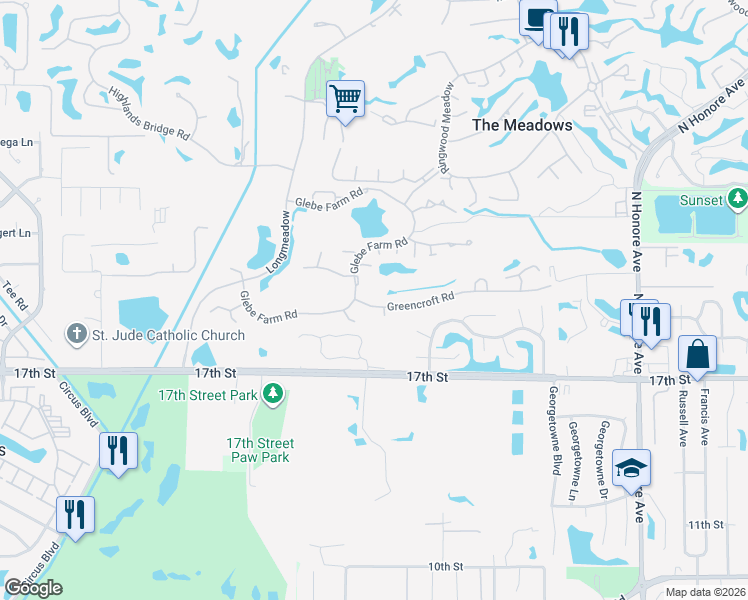 map of restaurants, bars, coffee shops, grocery stores, and more near 4701 Glebe Farm Road in Sarasota