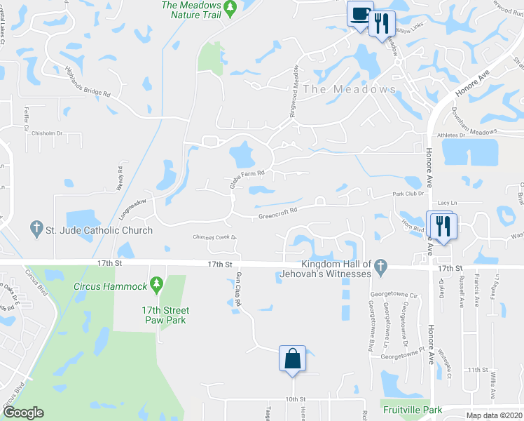 map of restaurants, bars, coffee shops, grocery stores, and more near 4761 Greencroft Road in Sarasota