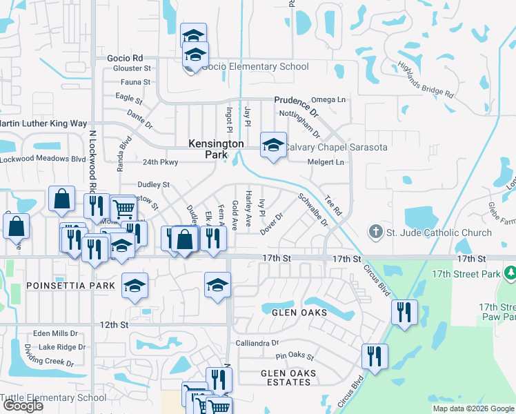 map of restaurants, bars, coffee shops, grocery stores, and more near 2103 Ivy Place in Sarasota