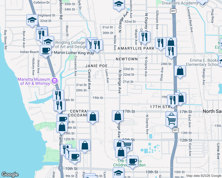 map of restaurants, bars, coffee shops, grocery stores, and more near 1543 20th Street in Sarasota