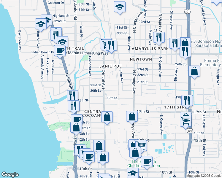 map of restaurants, bars, coffee shops, grocery stores, and more near 1438 21st Street in Sarasota