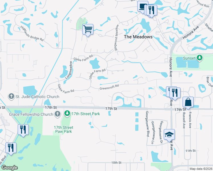 map of restaurants, bars, coffee shops, grocery stores, and more near 4787 Greencroft Road in Sarasota