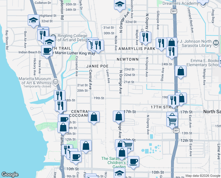 map of restaurants, bars, coffee shops, grocery stores, and more near 2025 Leon Avenue in Sarasota
