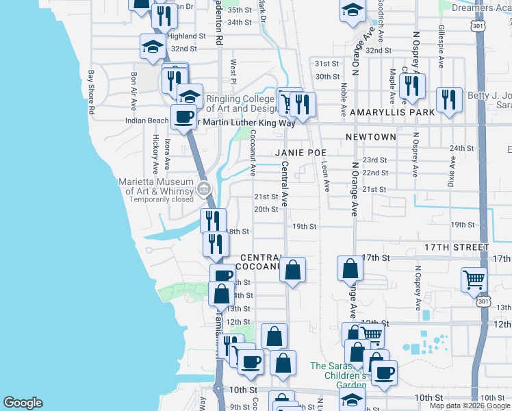map of restaurants, bars, coffee shops, grocery stores, and more near 2051 Cocoanut Avenue in Sarasota