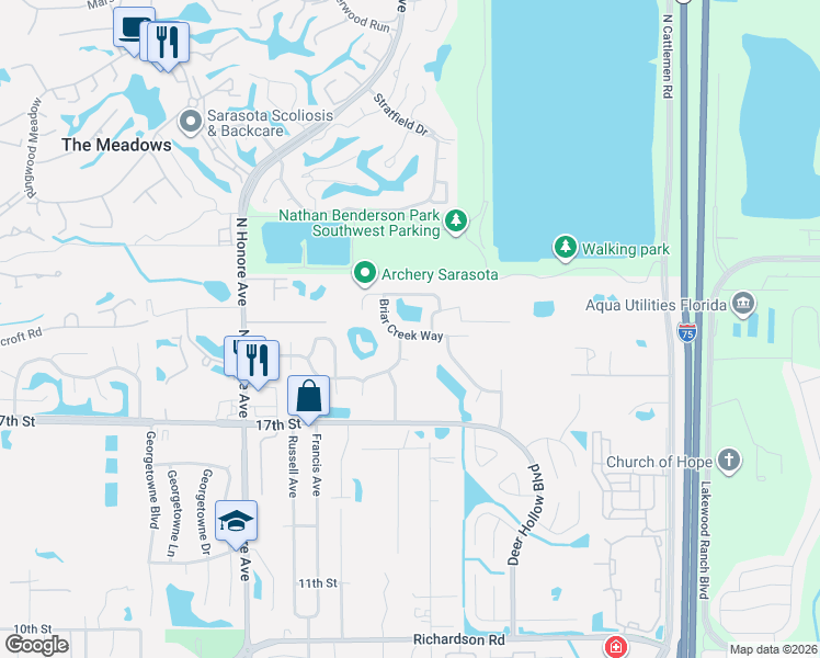 map of restaurants, bars, coffee shops, grocery stores, and more near 2246 Briar Creek Way in Sarasota