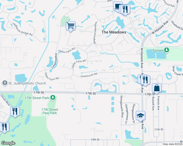 map of restaurants, bars, coffee shops, grocery stores, and more near 4831 Greencroft Road in Sarasota