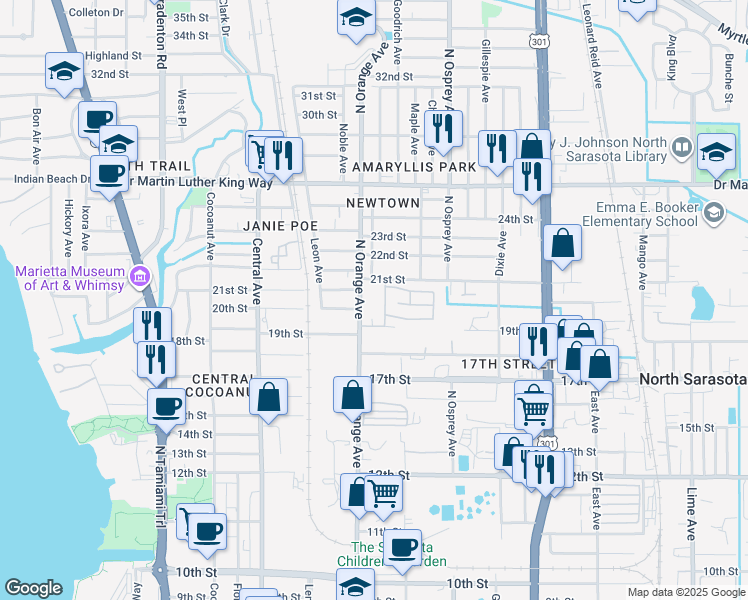 map of restaurants, bars, coffee shops, grocery stores, and more near 36 Gregg Street in Sarasota