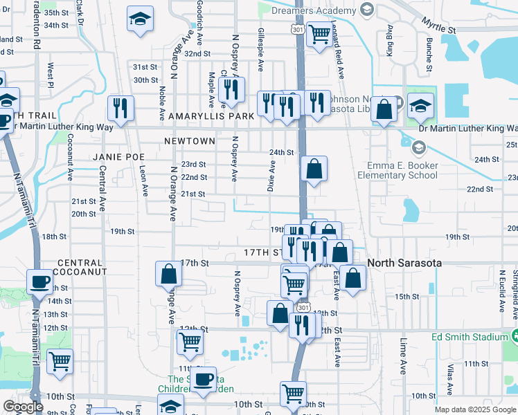 map of restaurants, bars, coffee shops, grocery stores, and more near 1863 20th Street in Sarasota