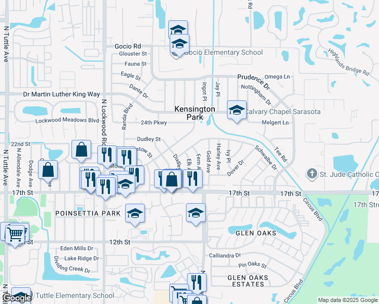 map of restaurants, bars, coffee shops, grocery stores, and more near 3522 Schwalbe Drive in Sarasota