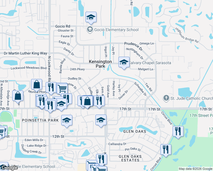 map of restaurants, bars, coffee shops, grocery stores, and more near 2023 Gold Avenue in Sarasota