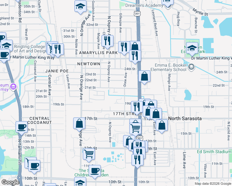 map of restaurants, bars, coffee shops, grocery stores, and more near 1863 20th Street in Sarasota