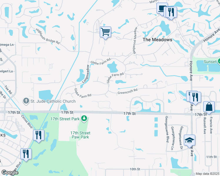 map of restaurants, bars, coffee shops, grocery stores, and more near 4701 Glebe Farm Road in Sarasota